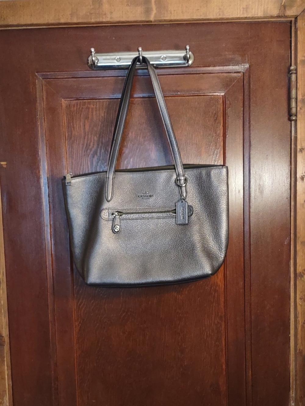 Coach Black Pebbled Leather Shoulder Tote with Exterior Zip Pocket 10 1/2 X 15x5